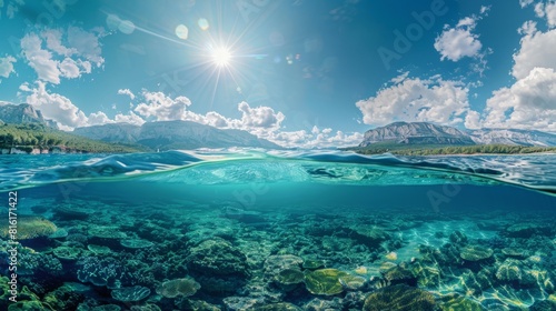 Split underwater view with sunny sky and serene sea hyper realistic 