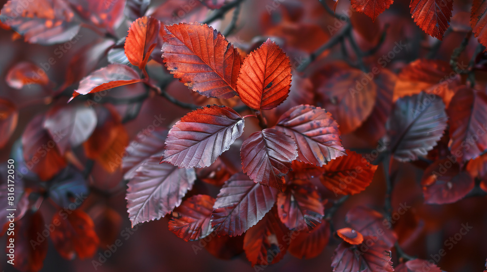 Close-up of red and brown European Purple beech (Fagus sylvatica purpurea) leaves on tree branches. Purple bronze leaves of the Copper Beech tree in city park Krasnodar or landscape Galitsky park Close-up of red and brown European Purple beech (Fagus sylvatica purpurea) leaves on tree branches. Purple bronze leaves of the Copper Beech tree in city park Krasnodar or landscape Galitsky park