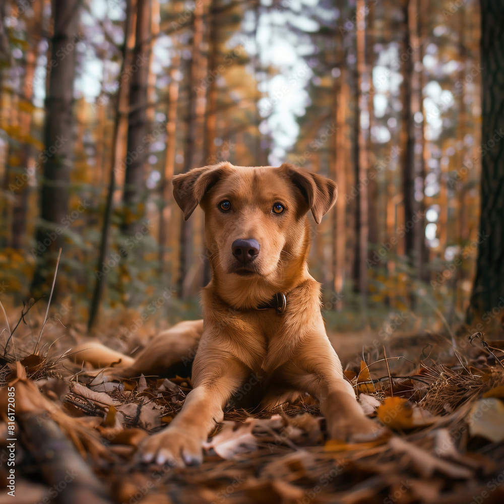 Adorable dog lying in the autumn forest and looking at the camera
