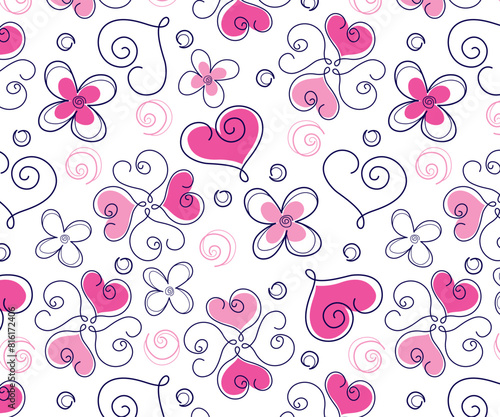 Sweet curly lines hearts and flowers pattern design