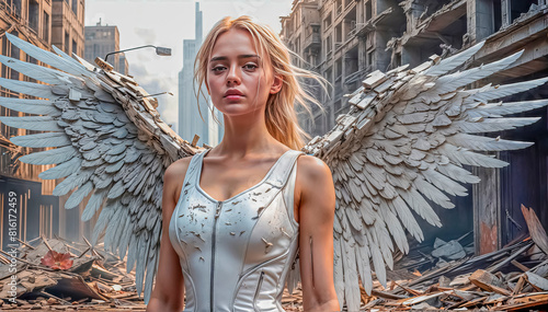 A touching little charming girl - an angel with white wings protects the destroyed city