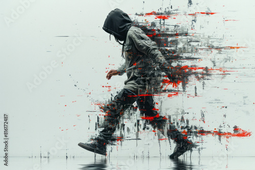 Artistic portrayal of a krump dancer, their powerful movements creating intense digital distortions and glitches, photo