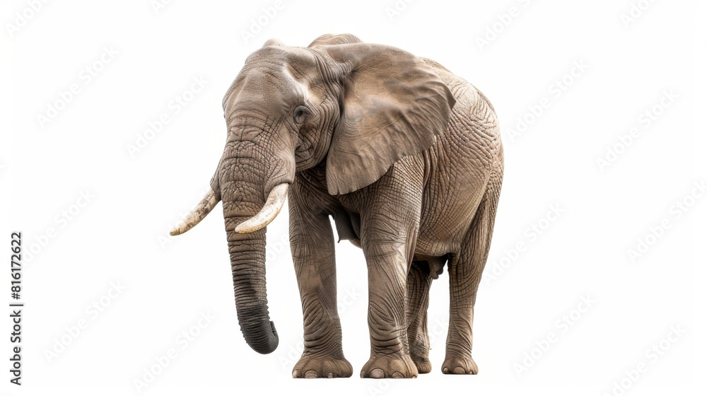 Fototapeta premium Full body image of a walking African elephant with a focus on its curled trunk and ivory tusks