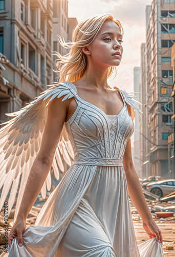 A touching little charming girl - an angel with white wings protects the destroyed city