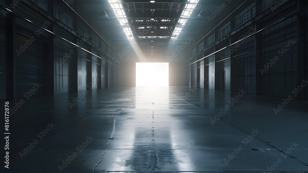 Modern empty dark storehouse with light at the end : Generative AI Modern empty dark storehouse with light at the end : Generative AI