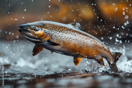 Salmon jumping upstream during spawning season, symbolizing resilience. 