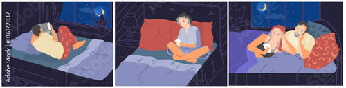 People using mobile phone before going to sleep isolated scene vector illustration. Sleepless man and woman watching digital device suffering from insomnia