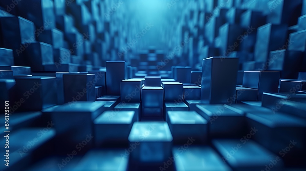 Blue cubes stacked neatly in a tunnel, creating a geometric pattern Blue cubes stacked neatly in a tunnel, creating a geometric pattern