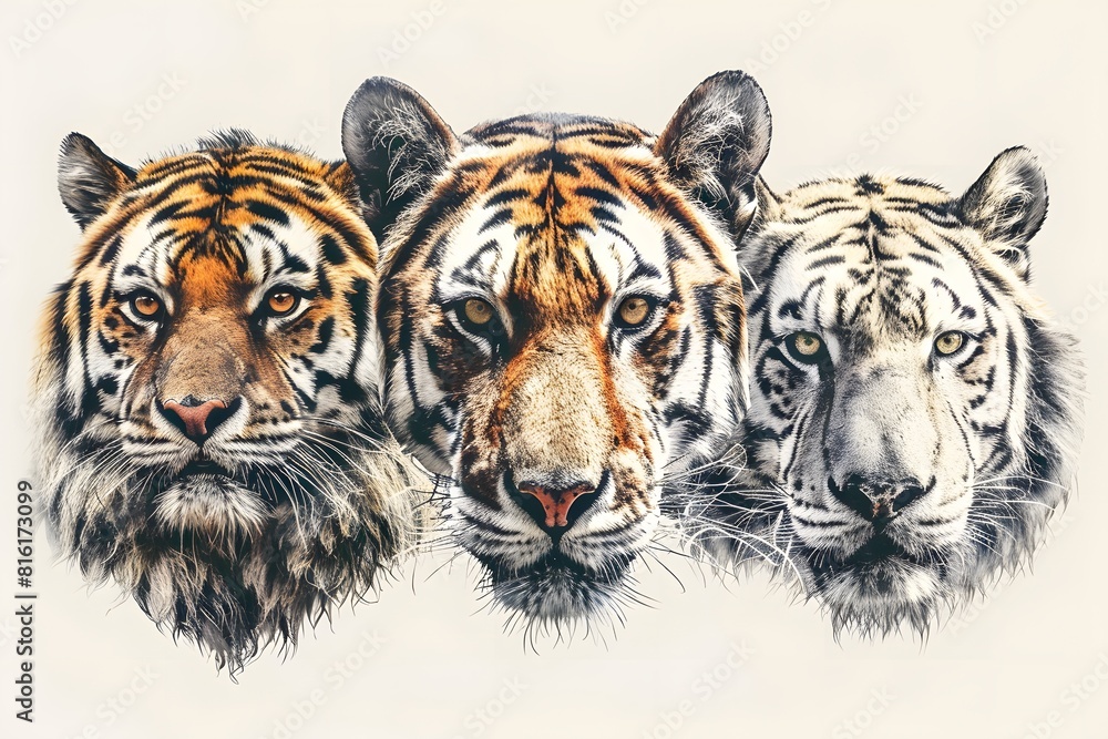 Three big wild tigers portrait, isolated on white background. Three big wild tigers portrait, isolated on white background.