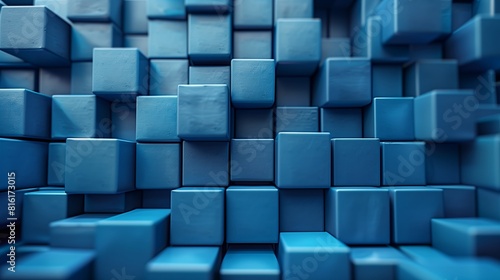 Detailed view of a close up blue cube wall showing geometric patterns and textures
