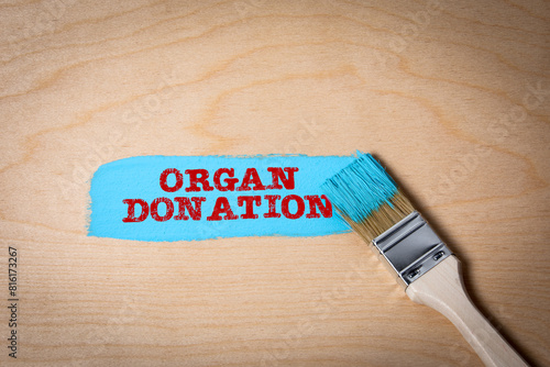 Organ donation. Blue paint and paint brush on plywood background