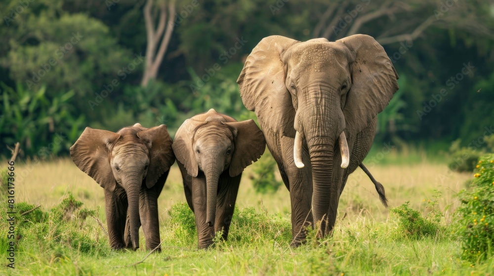 A family of elephants is captured in their natural habitat, emanating calm and familial bonds