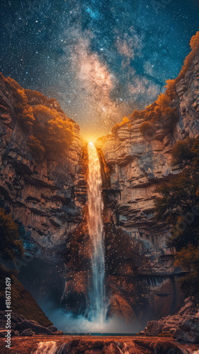 Milky Way waterfall: Celestial river descending from ninth heaven.generative ai