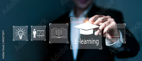 Concept of Online education. man use Online education training and e-learning webinar on internet for personal development and professional qualifications. Digital courses to develop new skills...