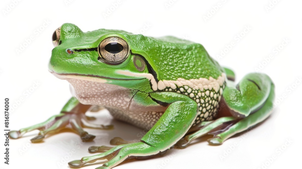 An intimate portrait of a green frog, poised gracefully over a neutral backdrop, conveying calm and focus An intimate portrait of a green frog, poised gracefully over a neutral backdrop, conveying calm and focus