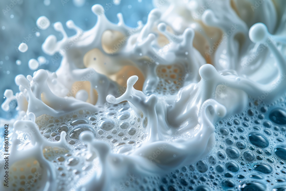 Abstract image of a detergent bottle pouring out, with the liquid forming intricate, fractal-like foam as it hits the surface, Abstract image of a detergent bottle pouring out, with the liquid forming intricate, fractal-like foam as it hits the surface,