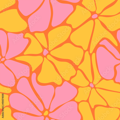 Abstract organic shapes daisy flowers seamless pattern in trippy groovy style. 1970s psychedelic floral background. Vector design for textile, wrapping paper, greeting cards