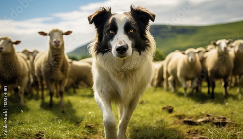 Border Collie in Focus with a Flock of Sheep in the Background on Green Pasture