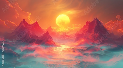 Fantasy landscape with mountains and clouds in the sky at sunset.