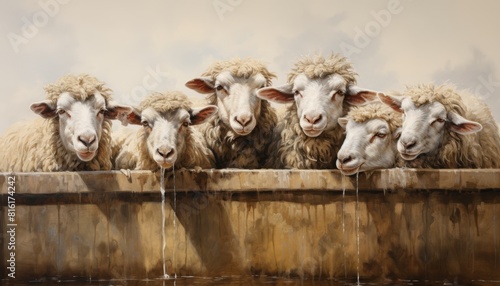 Five curious sheep peering over a wooden fence on a farm photo