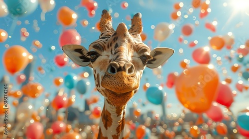 Funny giraffe with party balloons. photo