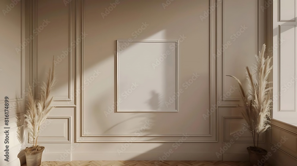 The image is a 3D rendering of a room with a blank frame on the wall The image is a 3D rendering of a room with a blank frame on the wall