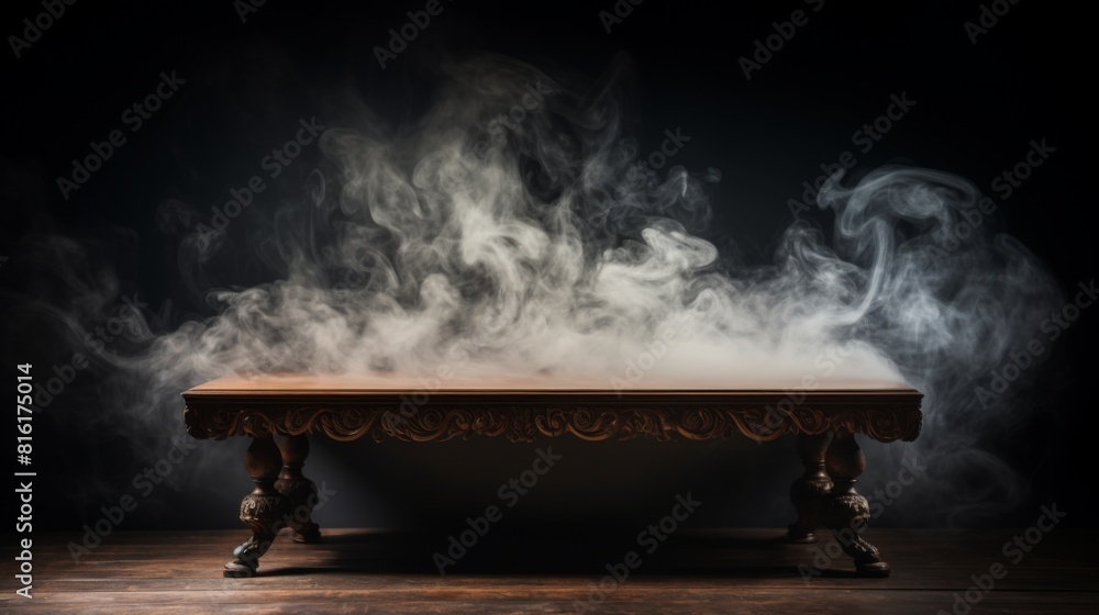 An ornate wooden table vanishing into dense, swirling smoke set against a dark, moody background An ornate wooden table vanishing into dense, swirling smoke set against a dark, moody background