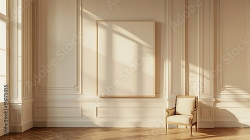 The image shows the interior of a room with a large window  a chair  and a blank canvas on the wall