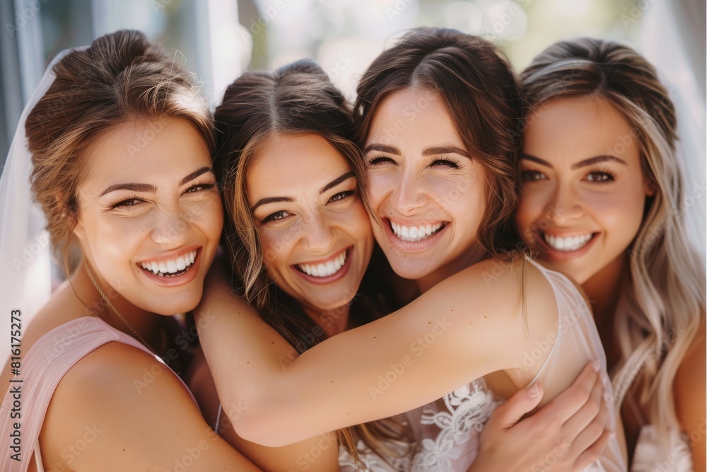 Wedding photography of happy bride and bridesmaids in pink dresses embracing with smile on wedding day Wedding photography of happy bride and bridesmaids in pink dresses embracing with smile on wedding day