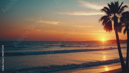 Vintage Sunset  Sci-Fi Beachscape with Retro Palms and Ocean Horizon