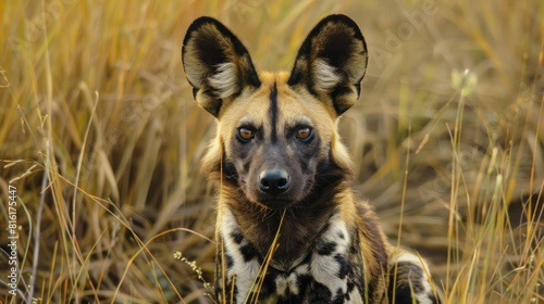 An intimate and detailed close-up of a Wild Dog's face, beautifully captured among the textured grasses