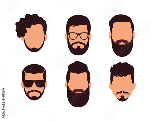 Set of male heads in cartoon style.Vector illustration of men's heads with various hairstyles, short and long beards with mustaches, glasses with dark and light glasses isolated on a white background.