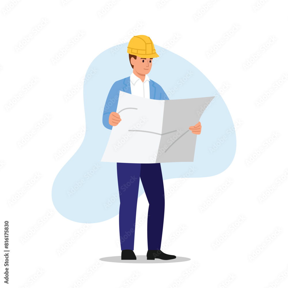 Vector illustration of a construction engineer. Cartoon scene of a construction worker in a protective yellow hard hat, holding a building plan isolated on a white background. Architect. Vector illustration of a construction engineer. Cartoon scene of a construction worker in a protective yellow hard hat, holding a building plan isolated on a white background. Architect.