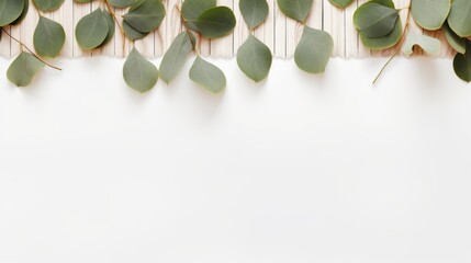 Crisp image of eucalyptus leaves forming a natural border on a white wooden surface, ideal for environmentally focused purposes