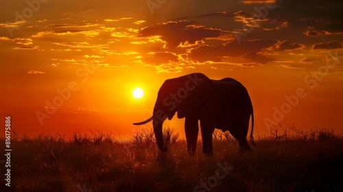 An elephant wanders in the savanna with the sun setting behind it, creating a beautiful golden hour silhouette © Damerfie