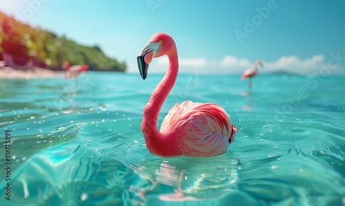 Pink flamingo swimming in clear sea water near the beach, summer concept, copy space © anatoliycherkas