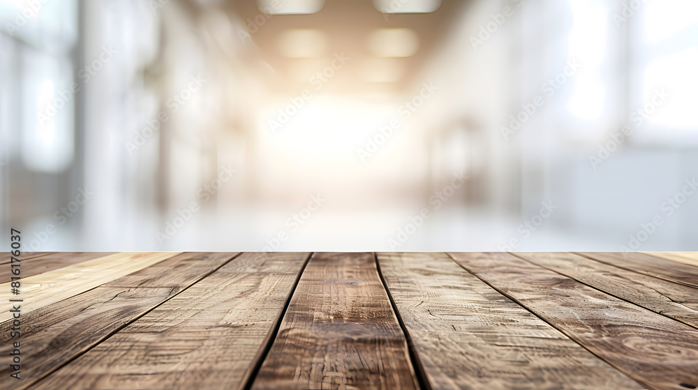 Wood table top on white blurred abstract background from building hallway can be used for display or montage your products : Generative AI Wood table top on white blurred abstract background from building hallway can be used for display or montage your products : Generative AI