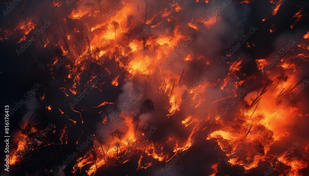 Intense flames engulfing wild vegetation during a severe forest fire