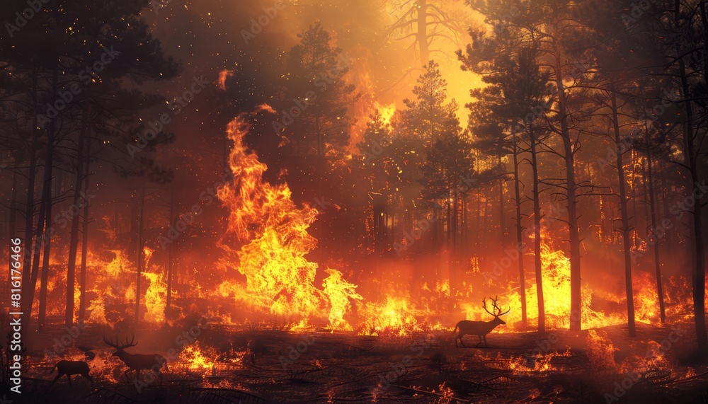 Wildfire raging in a forest, with animals escaping the intense flames at dusk Wildfire raging in a forest, with animals escaping the intense flames at dusk