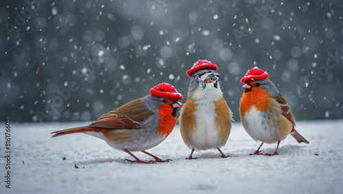 Whimsical Winter Gathering, Festive Birds in Cute Red Hats Amidst Snowfall.