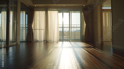 an empty living room with sliding glass doors and floor to the right there is no one person in it   Generative AI