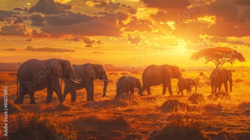 Herd of elephants marching in the golden light of a setting sun with vibrant skies highlighting the serene savannah