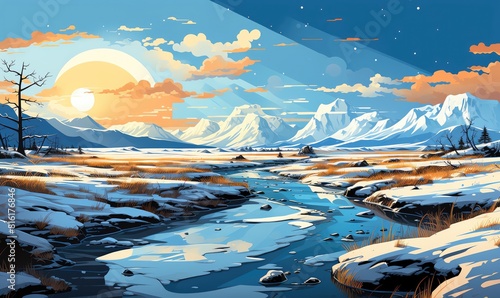 Landscape flat design front view arctic tundra theme cartoon drawing Tetradic color scheme photo