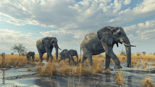 Calm herd of elephants ambling through serene waters  with reflections and clear blue skies