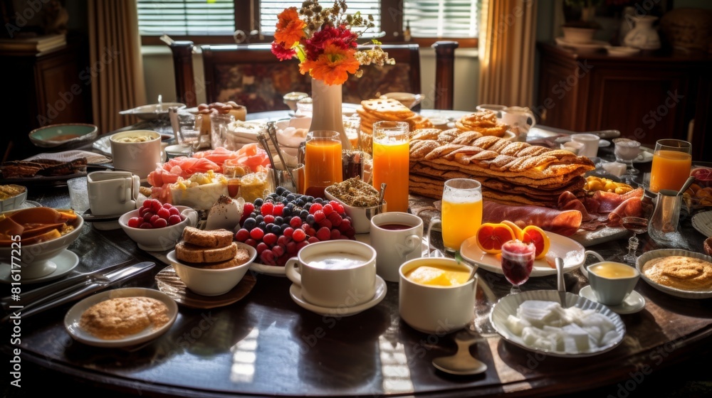Naklejka premium A sumptuously laid breakfast table with a wide variety of food, showcasing a relaxed and lavish morning scene