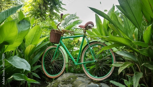 reen bicycle surrounded by lush plants in a serene setting photo
