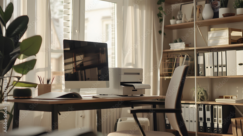 Desktop computer with printer on desk and empty chair with wooden shelf placed by window in home office at modern apartment : Generative AI Desktop computer with printer on desk and empty chair with wooden shelf placed by window in home office at modern apartment : Generative AI