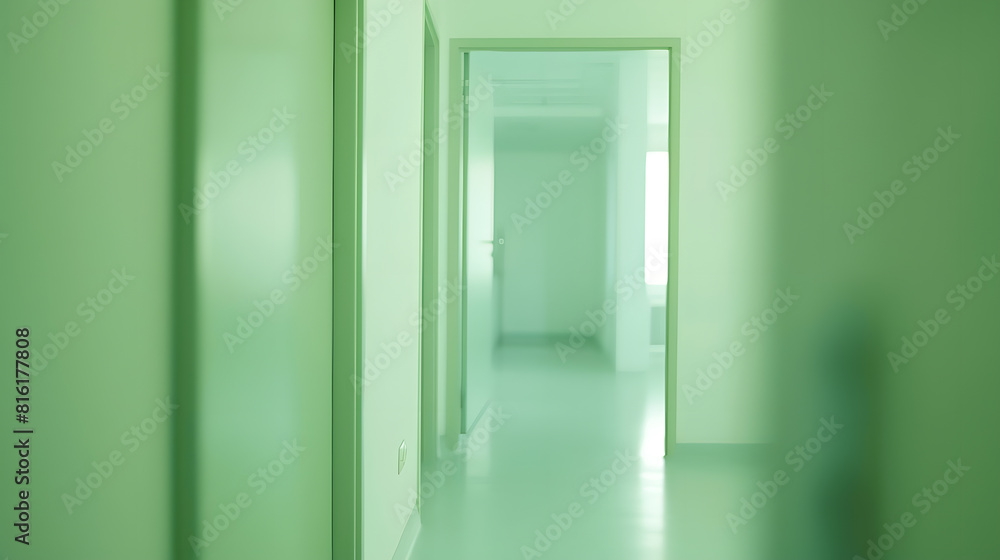 Empty white room seen through green doorway in modern hospital : Generative AI