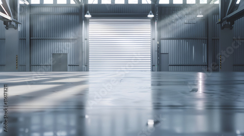 Roller door or roller shutter using for factory warehouse or hangar Industrial building interior consist of polished concrete floor and closed door for product display or industry back : Generative AI photo