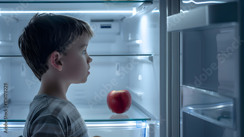 Boy looking into empty refrigerator seeing apple : Generative AI photo